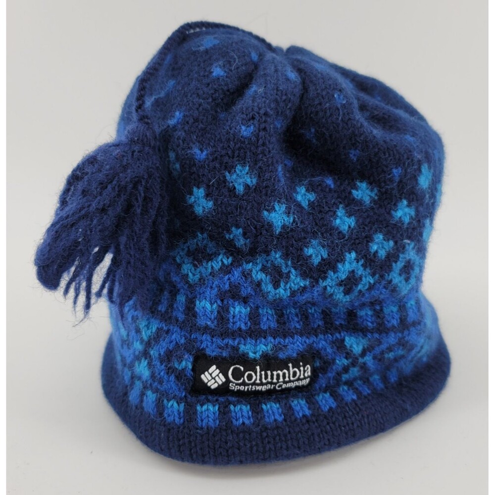 VTG Columbia Unisex Fair Isle Wool Knit Beanie Blue/Cyan Geometric Tassel‎ Hat